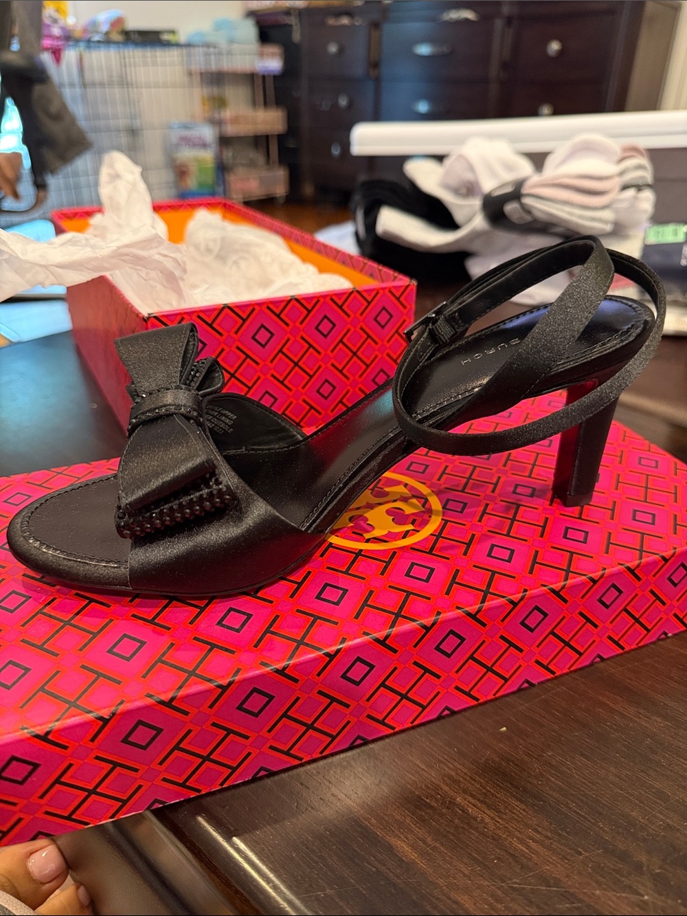 Tory Burch Black Satin Bow Slingback Heels